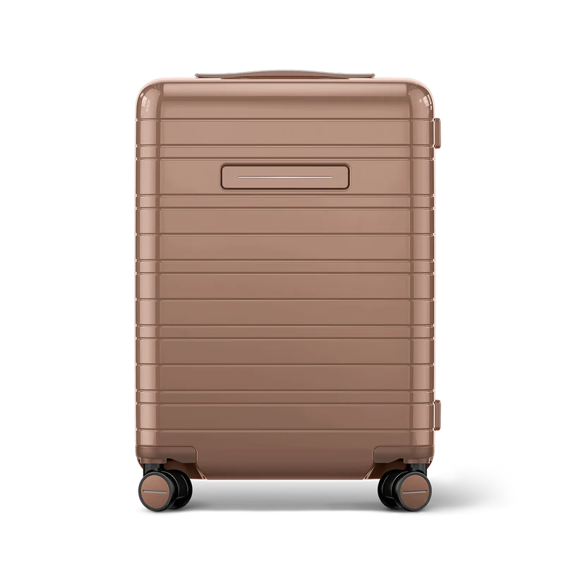 Horizn Studios H5 RE glossy mocha cabin suitcase with front view, durable hard shell and modern design for travel.