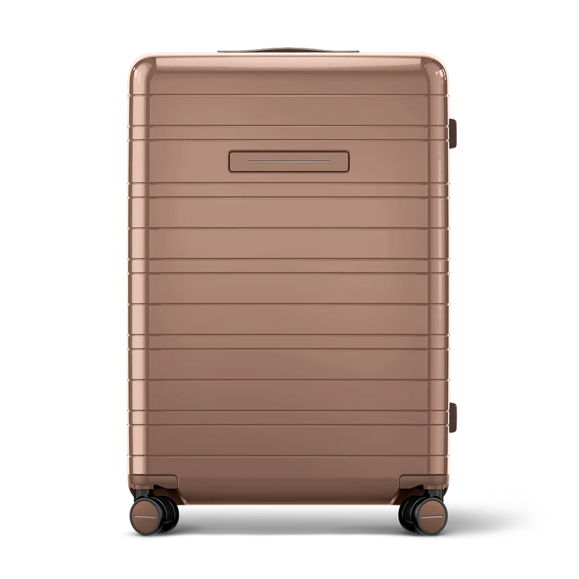 Horizn Studios H7 RE glossy mocha check-in suitcase with front view, durable hard shell and modern design.