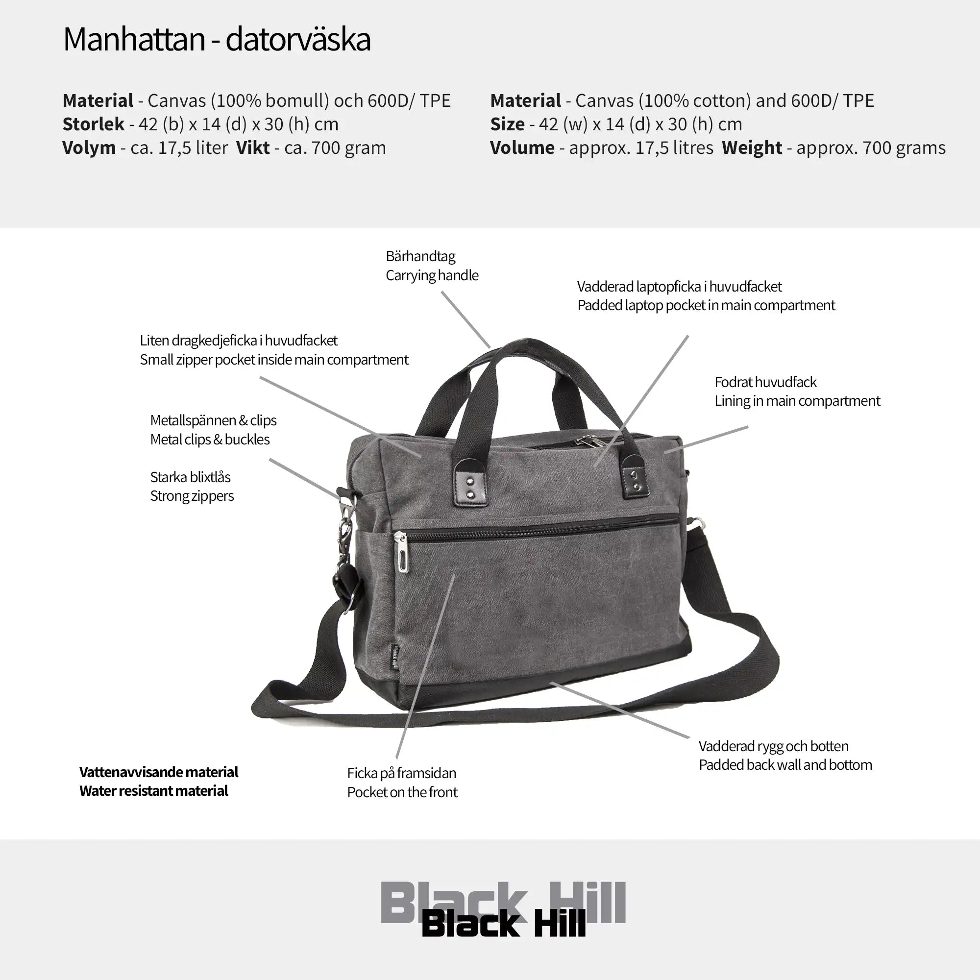 Black Hill - Manhattan - datorväska #Färg_Grå