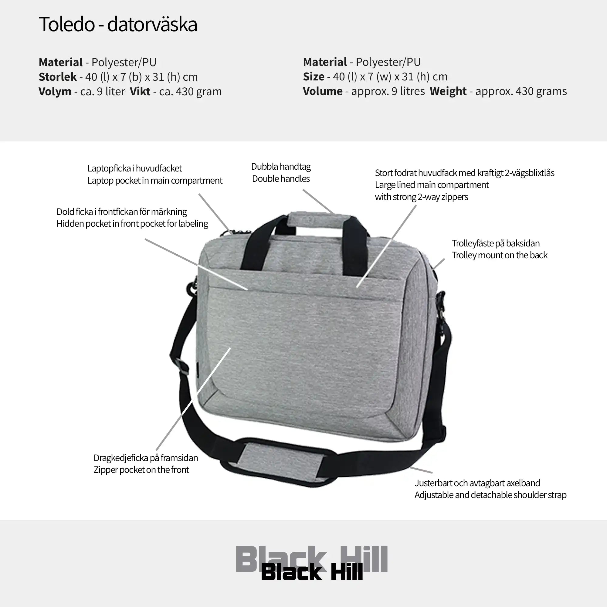 Black Hill - Toledo - datorväska #Färg_Grå/gråmelange