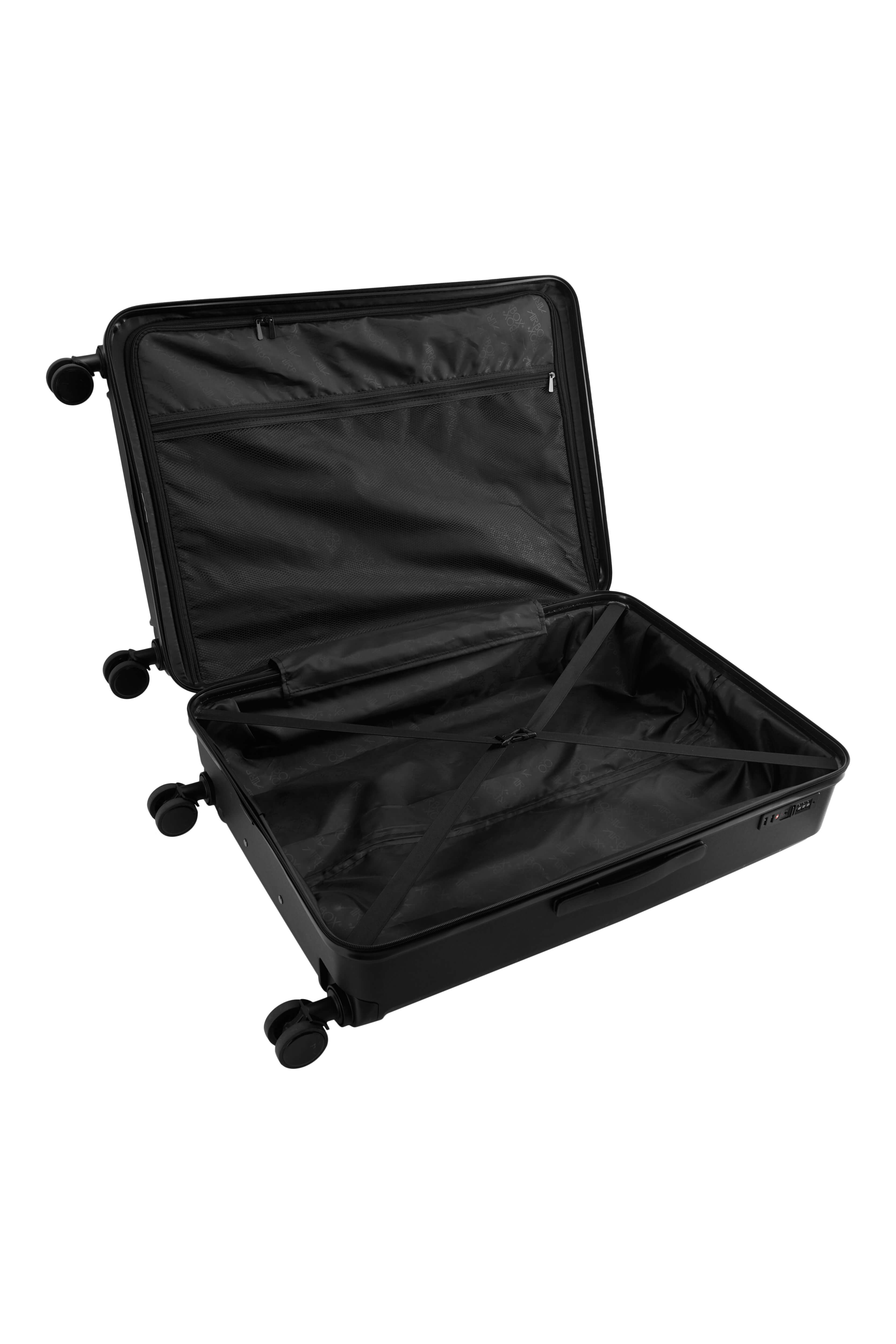 Airbox AZ13 L travel suitcase with hard shell design and four spinner wheels, shown in black against white background.