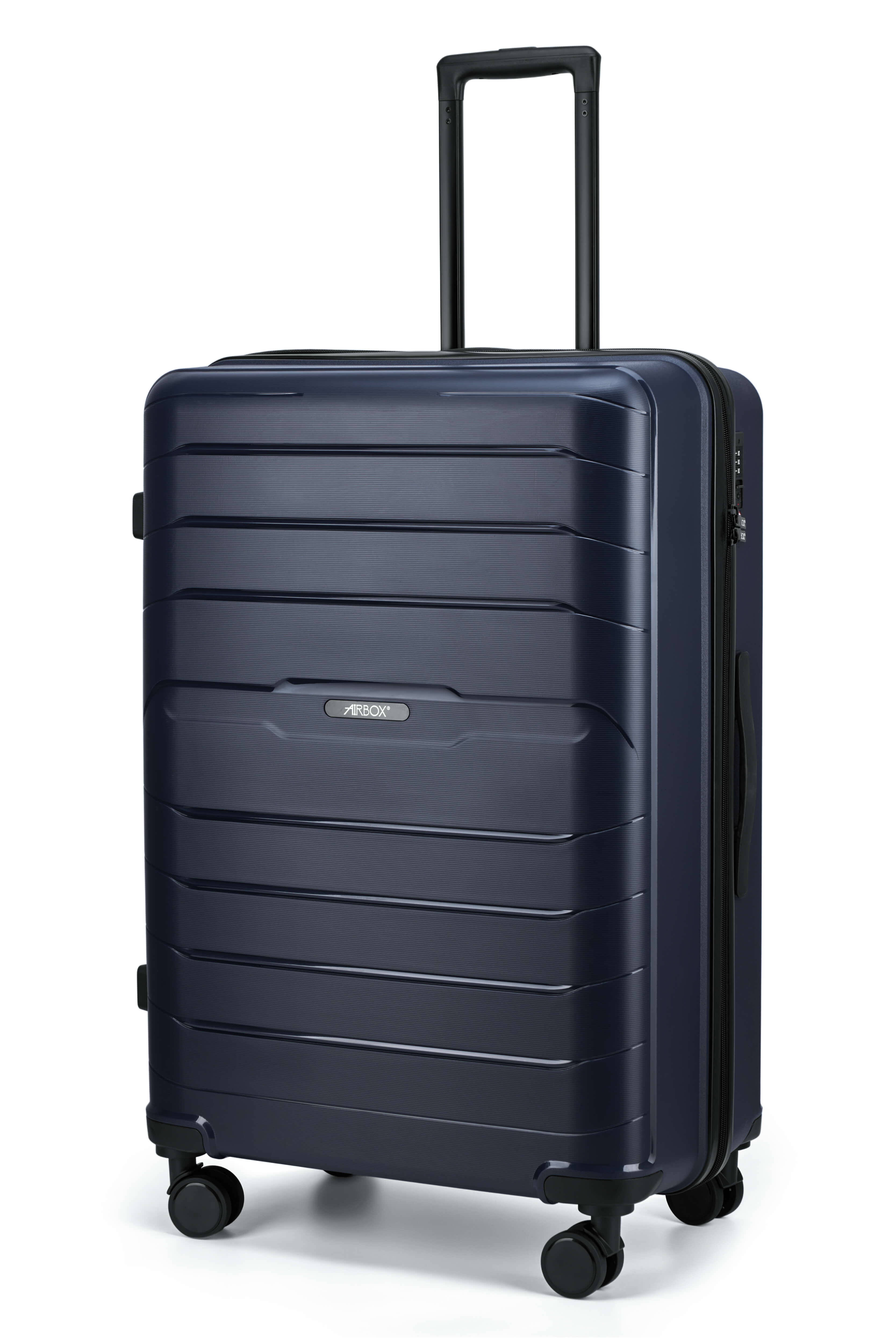 Airbox AZ13 L travel suitcase with hard shell, silver color, four spinner wheels, and telescopic handle for easy maneuvering.