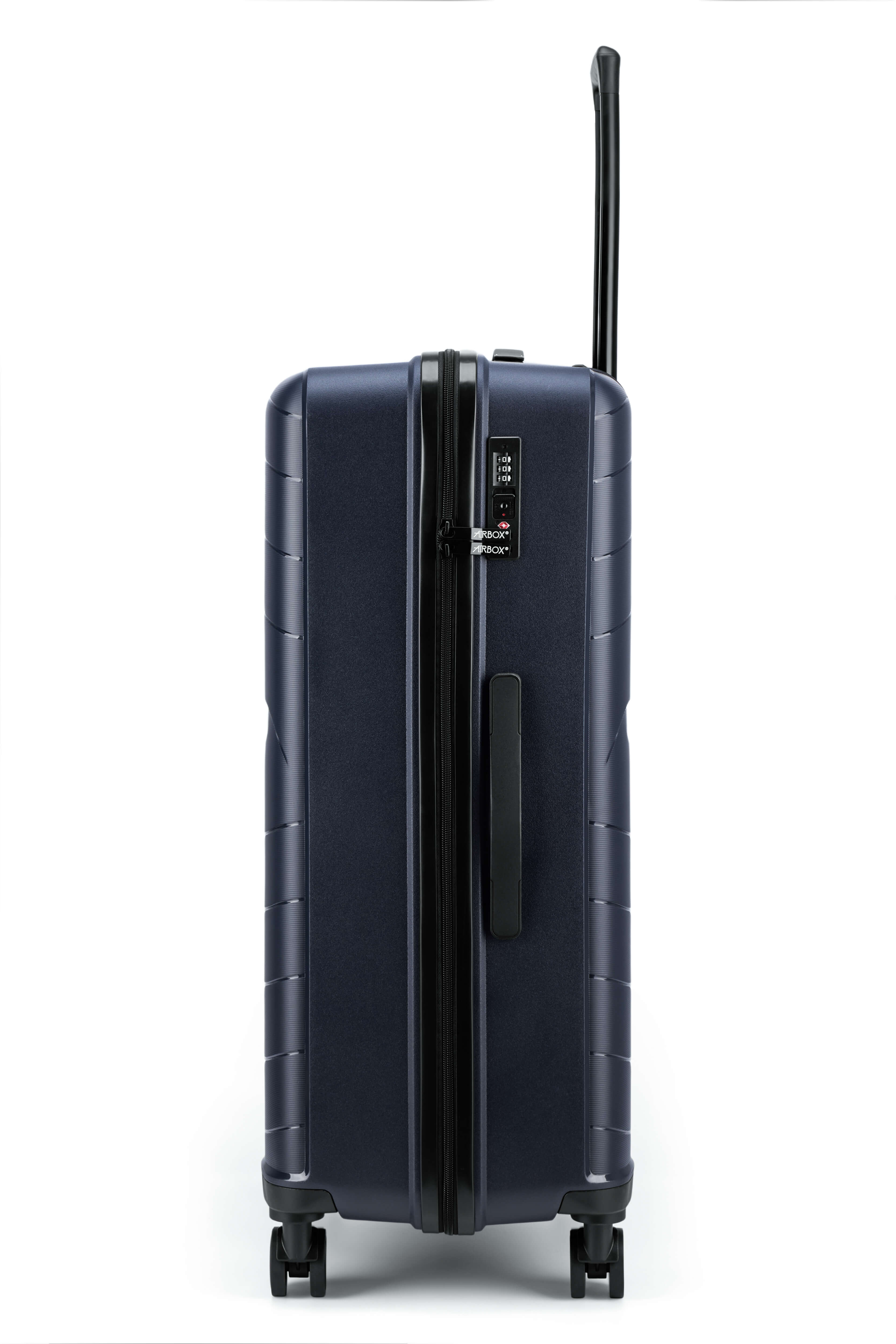 Airbox AZ13 L resväska with hard shell, silver color, four spinner wheels, and extendable handle for easy travel.