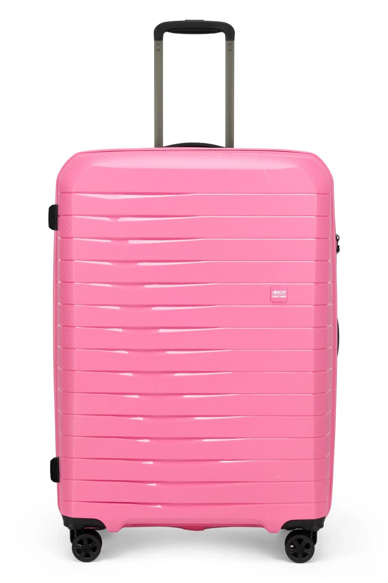 Airbox AZ18 L resväska with hard-shell exterior, silver color, four spinner wheels, and telescopic handle for easy travel.