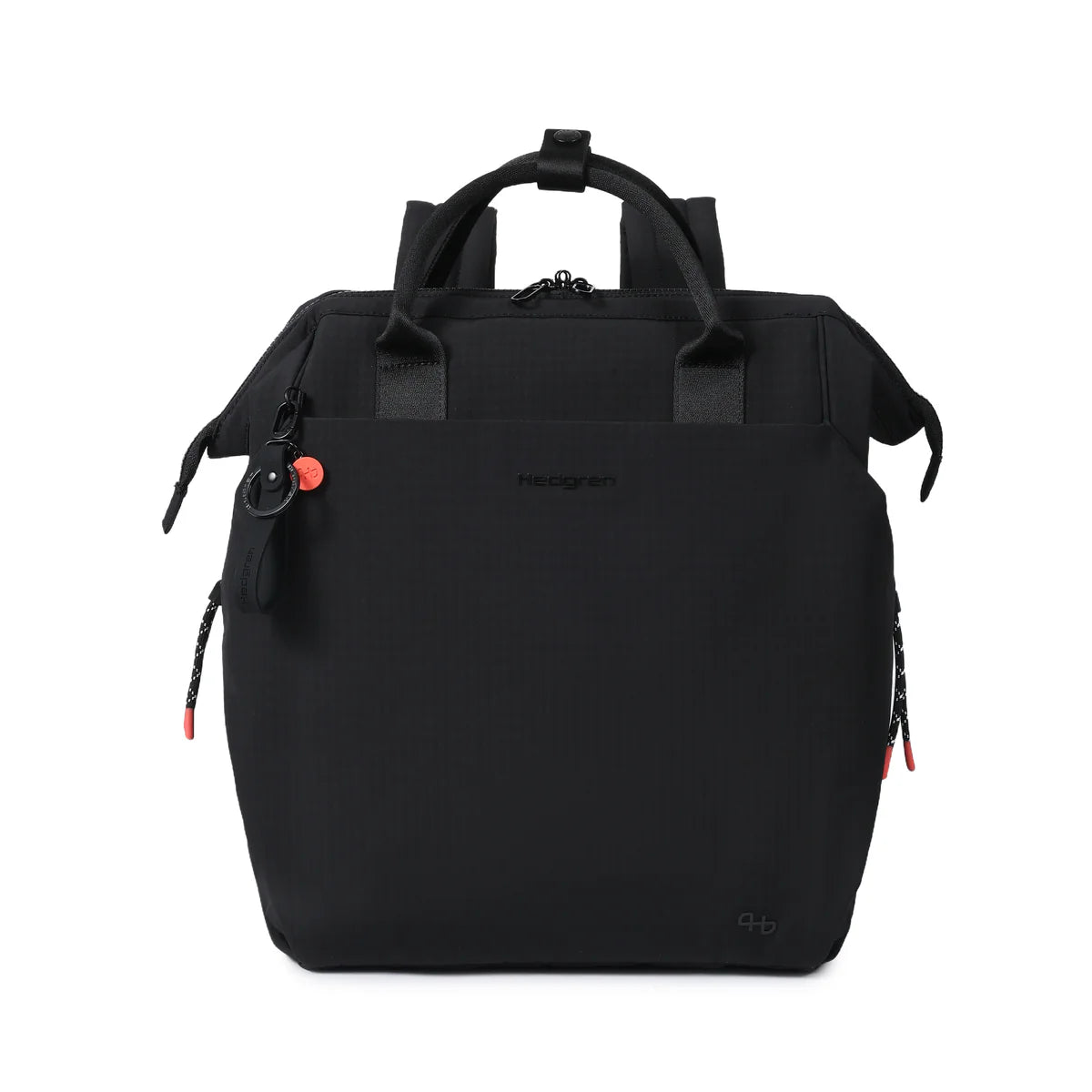 Hedgren Orizuru 15 tum ryggsäck with black fabric, front zip pocket, padded shoulder straps, and modern design.
