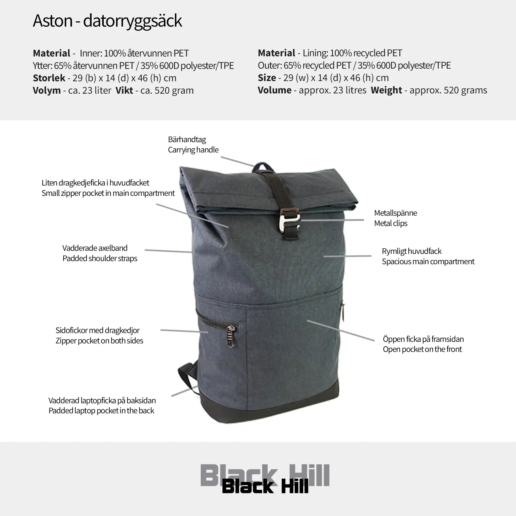 Black Hill - Aston - datorryggsäck #Färg_Svart