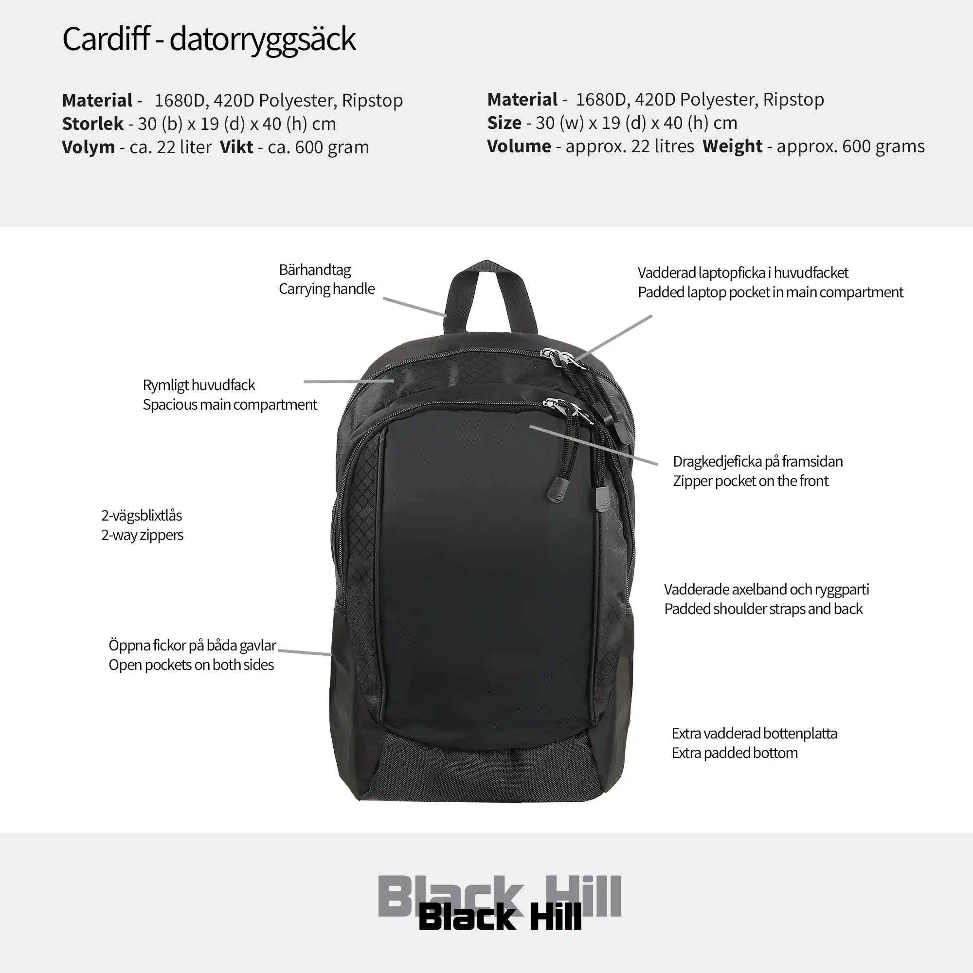 Black Hill - Cardiff - datorryggsäck #Färg_Svart