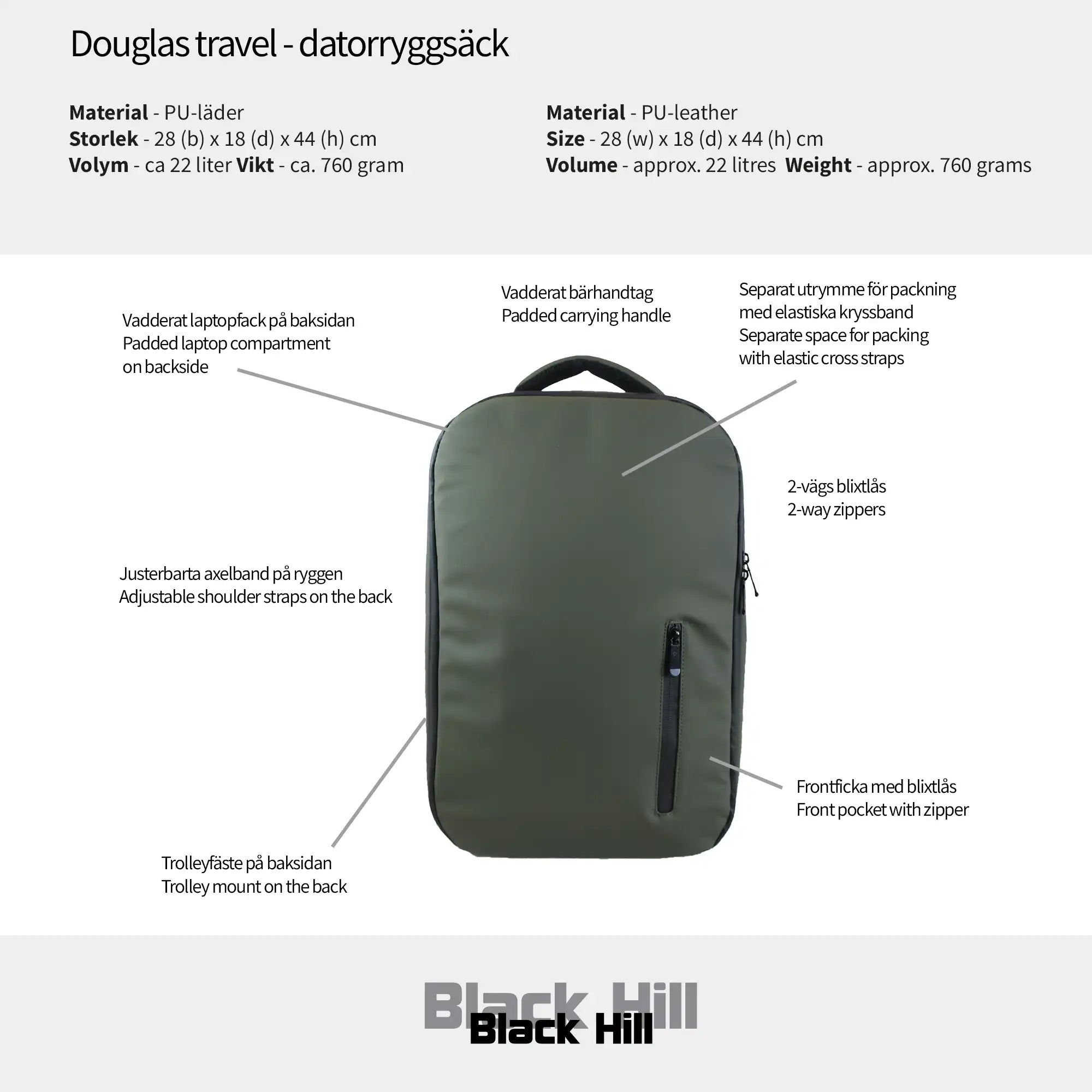 Black Hill - Douglas Travel - datorryggsäck #Färg_Olivgrön