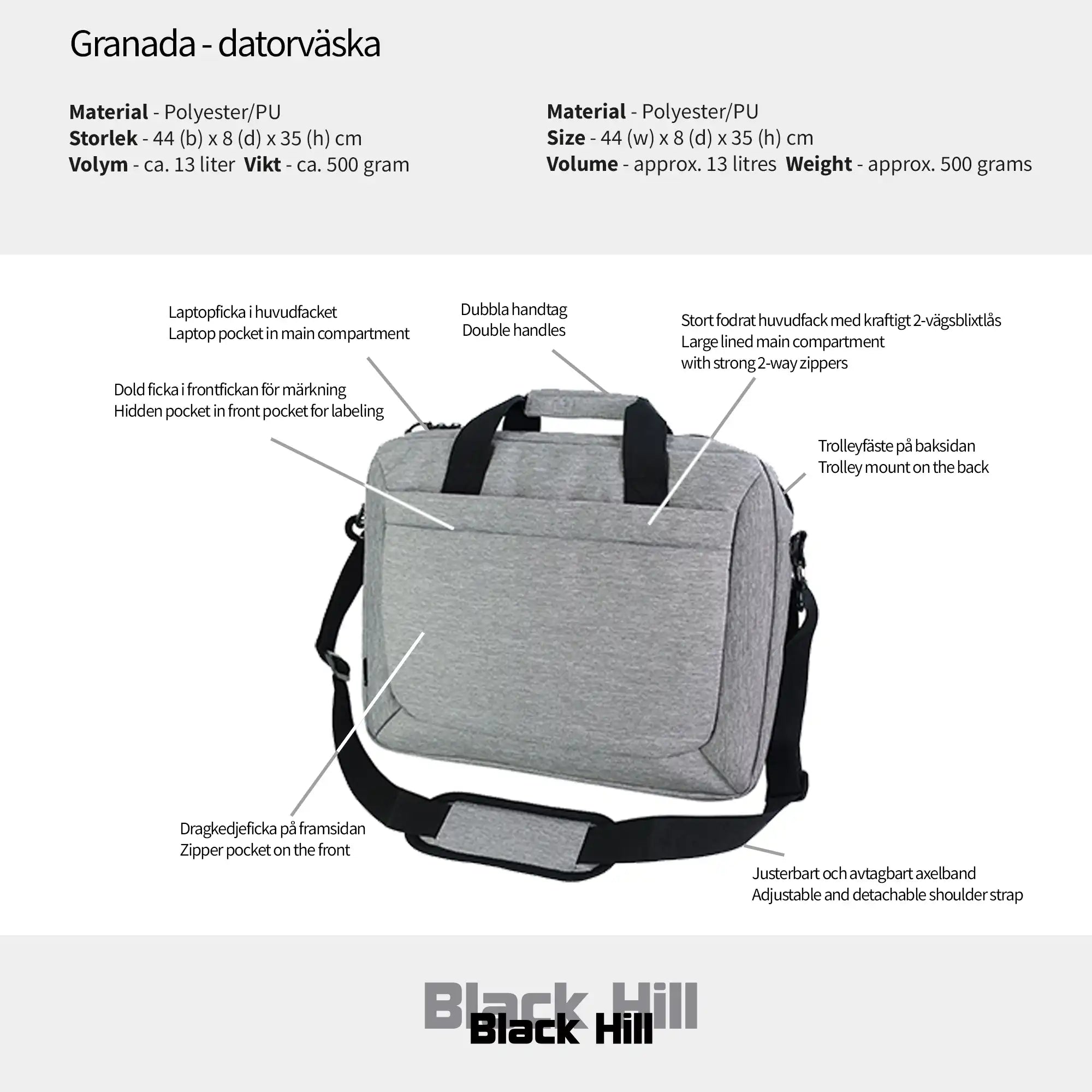 Black Hill - Granada - datorväska #Färg_Grå/gråmelange