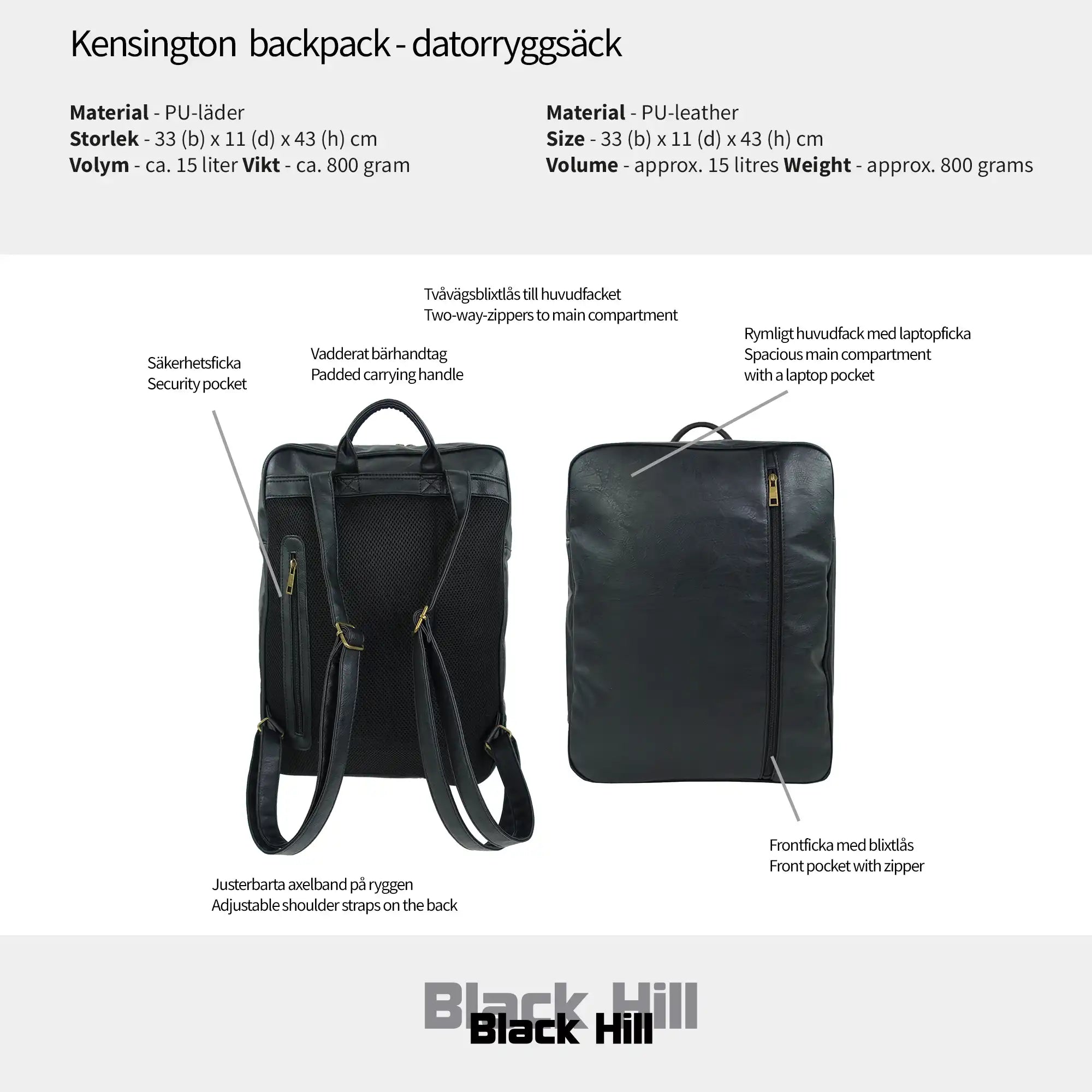 Black Hill - Kensington Backpack - datorryggsäck #Färg_Svart