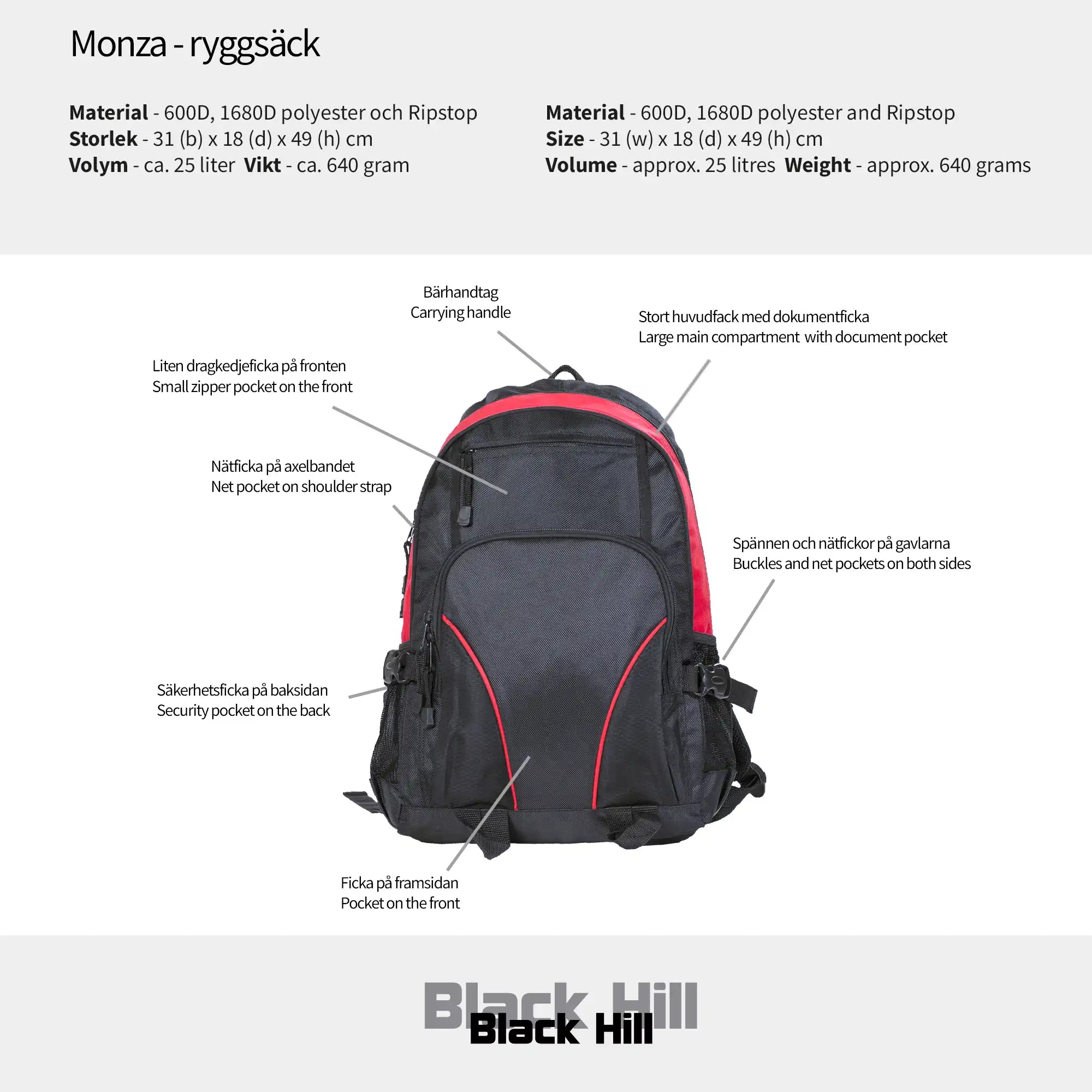 Black Hill - Monza - ryggsäck #Färg_Svart, vit