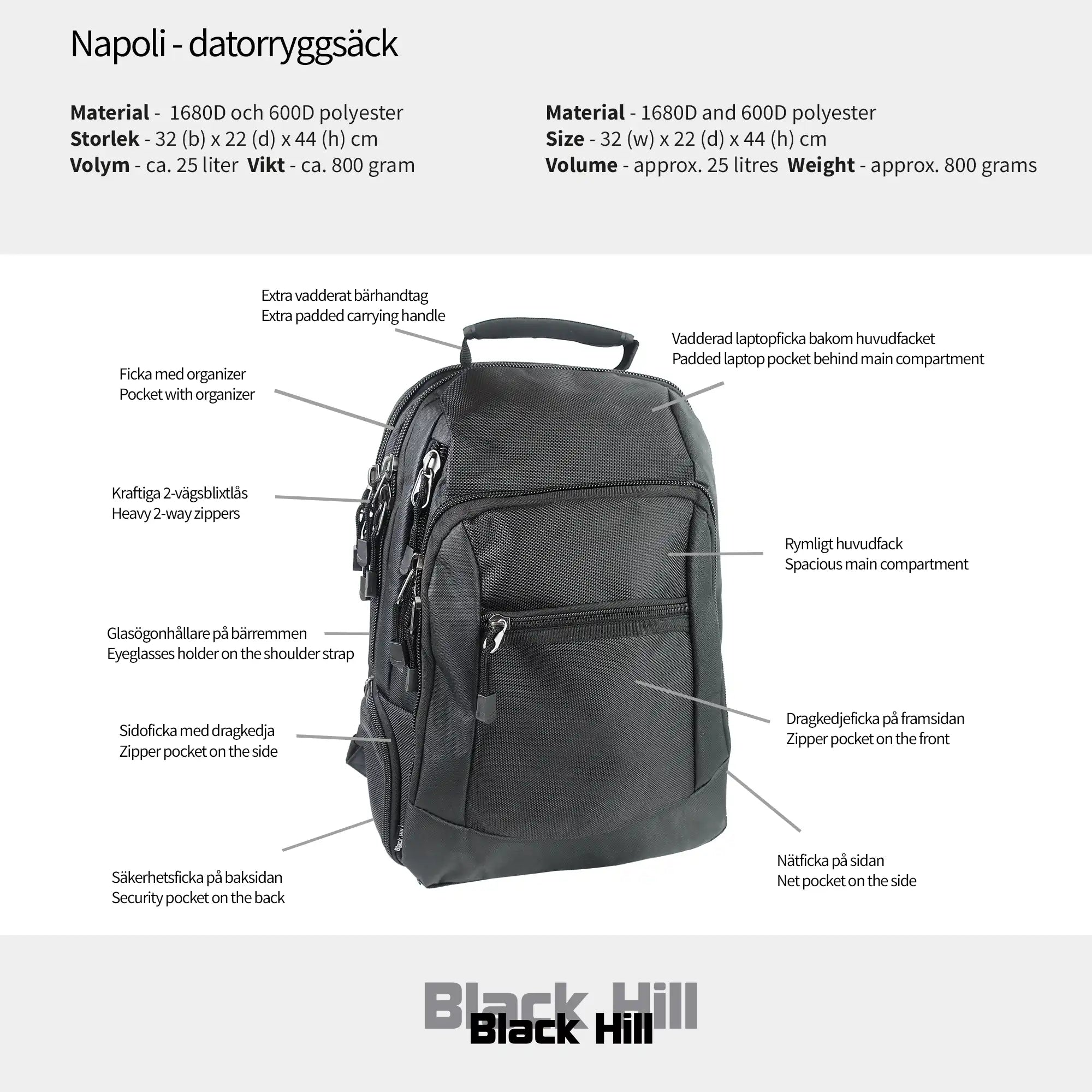 Black Hill - Napoli - datorryggsäck #Färg_Svart