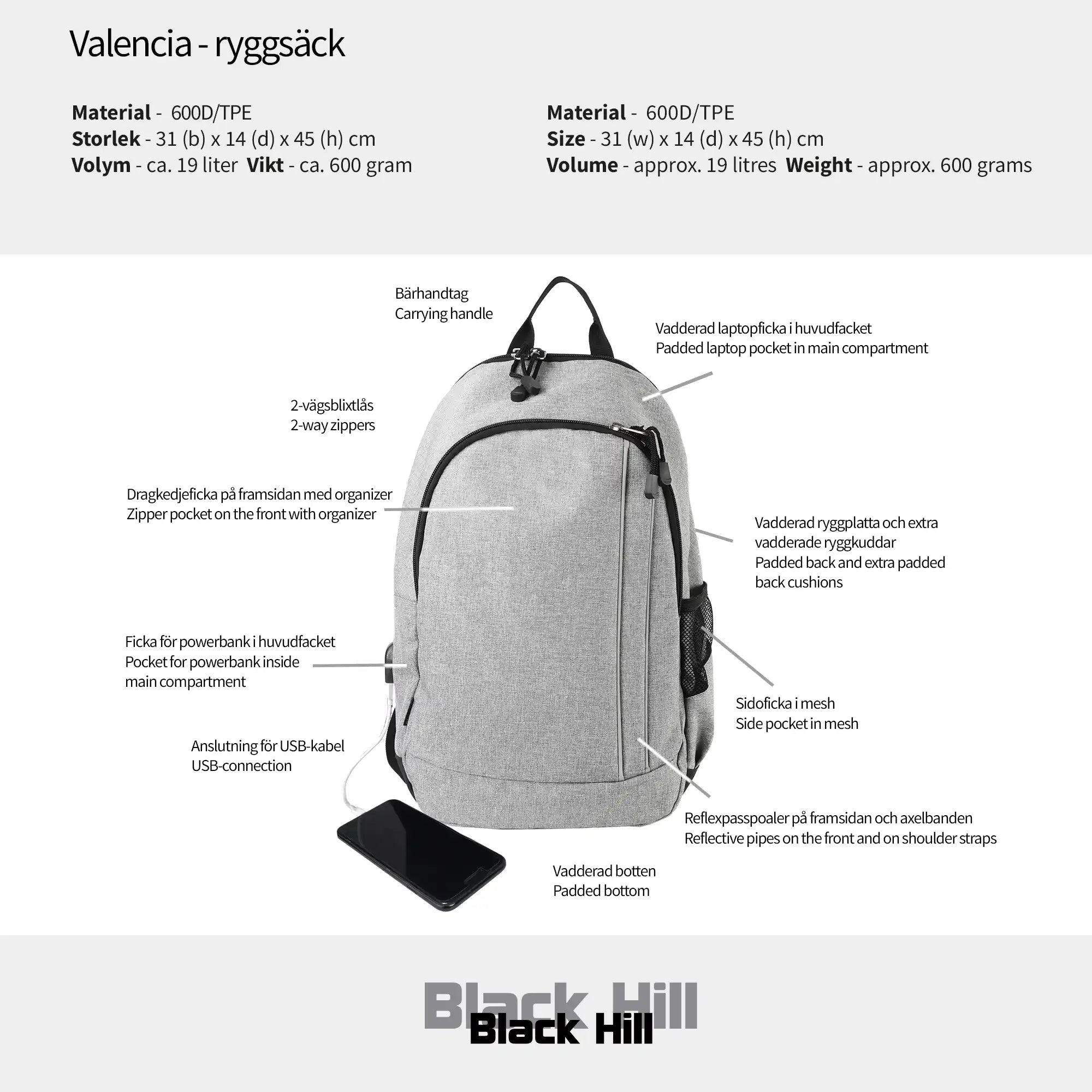 Black Hill - Valencia - datorryggsäck #Färg_Grå/gråmelange